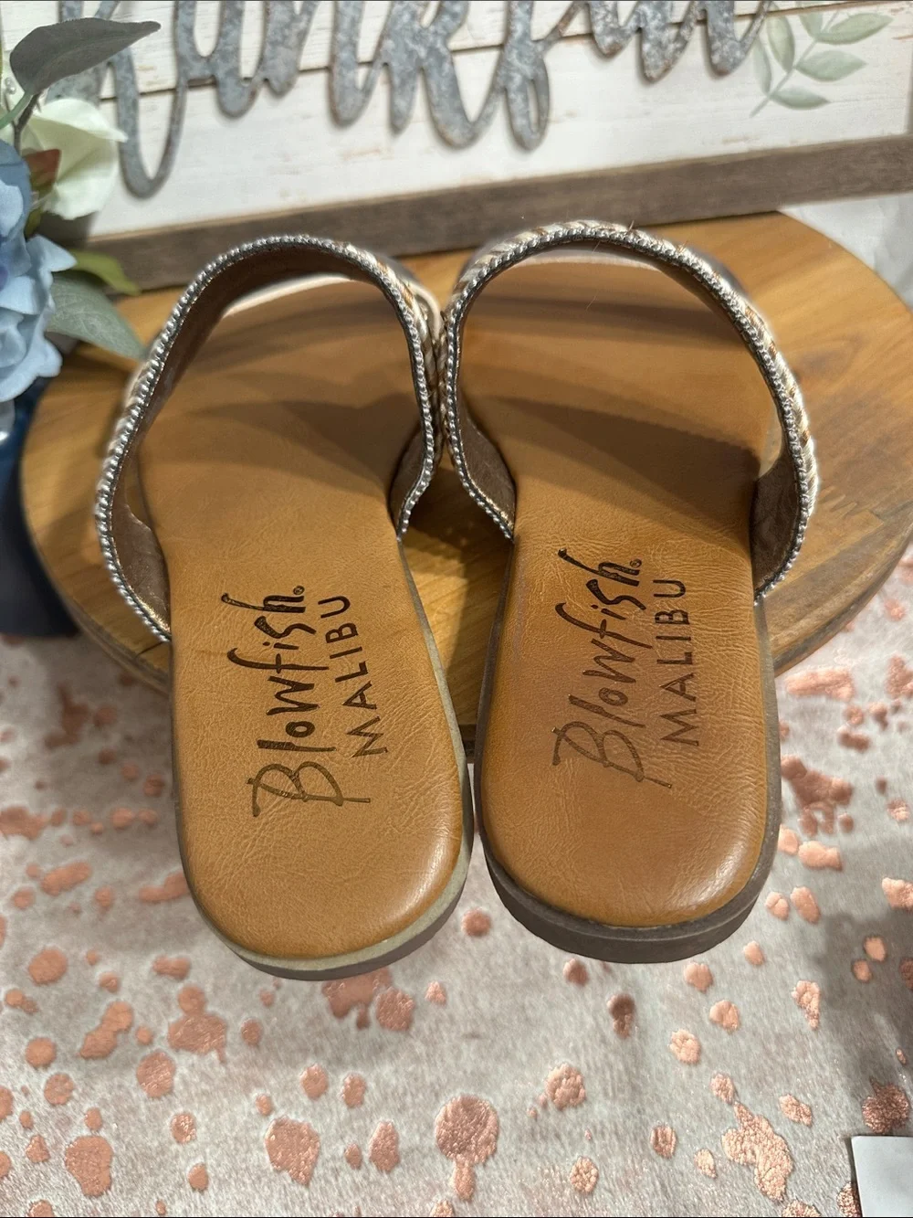 NWOT Beaded Metallic Brinze and rose gold Slide Sandals for Women